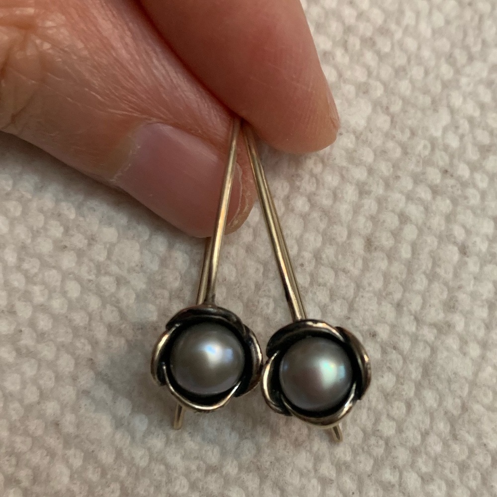 Pandora Gray Pearl Flower Sterling Earrings